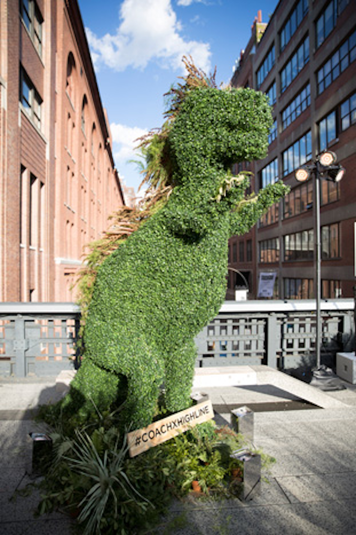 The High Line's annual summer party took place June 22 in New York. Underwritten by Coach with an urban jungle theme, the event featured four dinosaur topiaries as a homage to the brand's mascot Rexy. The topiaries ranged from five to nine feet tall, and served as the party's centerpieces as well as selfie photo spots.