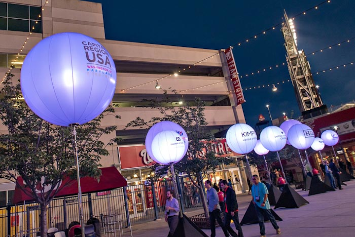 Airstar balloons branded with the party’s 31 sponsors lined the perimeter of the Center Field gate into Nationals Park.