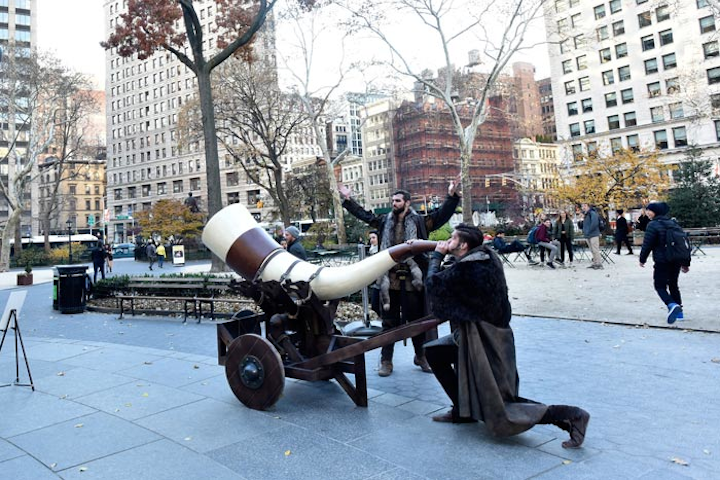 To promote the season five premiere of its drama series Vikings, History staged a Viking horn stunt in New York on Monday and Los Angeles on Wednesday. The activation involved two costumed actors wheeling an authentic, eight-foot Gjallarhorn, which they sounded at locations including New York’s Madison Square Park and Central Park, and Los Angeles’s Hollywood & Highland. Passersby also were welcome to sound the horn, which was built by 11th St. Workshop and MadeFirst. Civic Entertainment Group produced the activation.