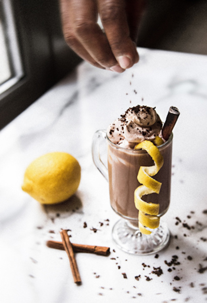 For a holiday cocktail idea, Adil Yamin, beverage director at Heirloom Hospitality in Detroit, serves up a RyeChai with WhistlePig 10-year rye whiskey, Averna Amaro, angostura, and hot chai tea. It’s garnished with angostura and Averna-infused whipped cream, a cinnamon stick, lemon spiral, and shaved dark chocolate.