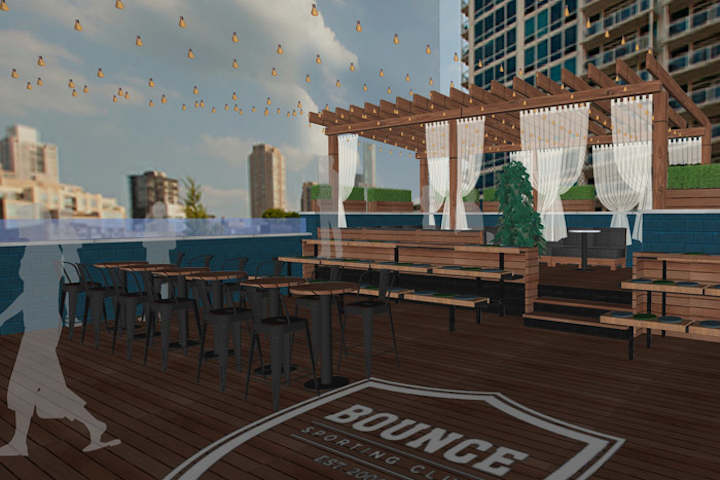 Bounce Chicago, known for its fun yet elevated sports theme, plans to open a rooftop space later this month. Maintaining the venue’s sports theme, the 1,500-square-foot venue will have bleacher-style seating and private cabanas for a total reception-style capacity of 150 guests. The space will be furnished with plush couch seating made from vintage sports gear, plus high-top tables, HD TVs, and downtown views. The addition of the rooftop will make the total square footage of the venue 6,000 and its capacity 600 guests.