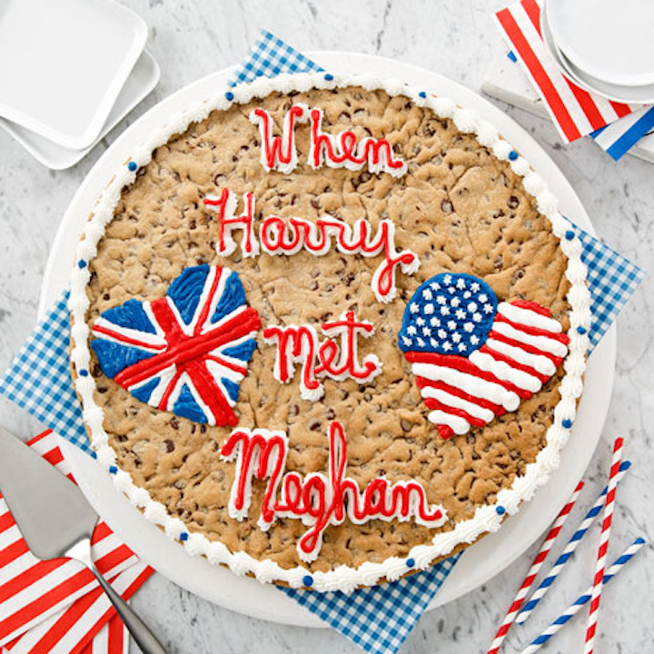 Mrs. Fields is offering a royal wedding cookie cake to celebrate the event. The giant chocolate chip cookie, which features a red, white, and blue icing design, can be ordered at any location.