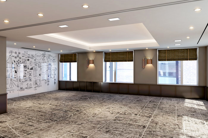Among the first components of Kimpton Nine Zero’s $10-million renovation is the hotel's new meeting and private event space, which debuted in February. Spanning 2,400 square feet and three rooms—dubbed Reflect, Create, and Imagine—the spaces can hold events for as many as 150 for receptions or 100 for seated events. Two of the rooms can connect for one larger space. Furnishings include bronze baseboards, custom furniture, and Timothy Oulton console tables.
