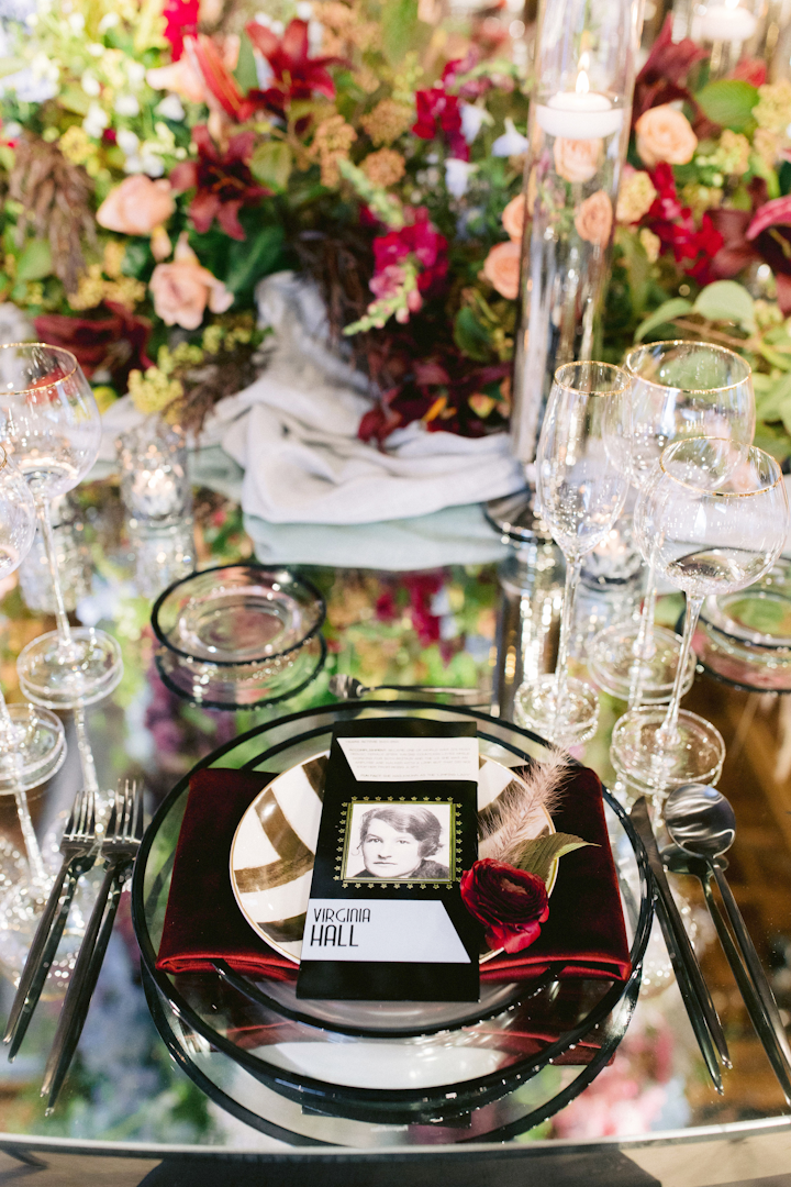 Luxe Linen handled fabrics for the table, and Prim & Prixie handled the stationery. More photos of servicewomen, such as American spy Virginia Hall, sat at each place setting.