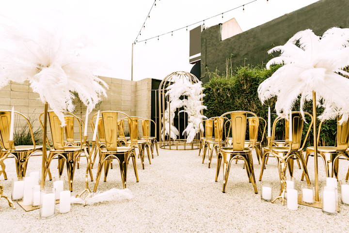 The 1970s space also included a feather-filled ceremony set-up.