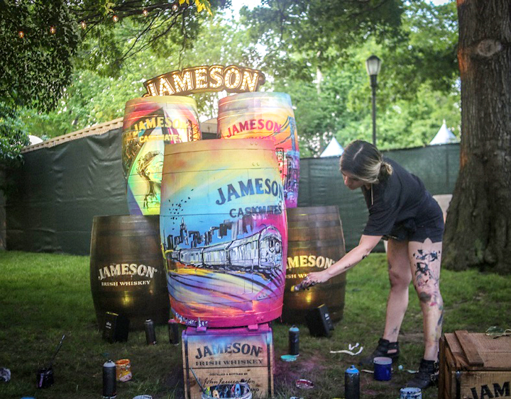 The Irish whiskey brand used barrels as decor for its lounge, which served specialty cocktails. Local artists graffitied New York’s five boroughs on Jameson barrels. Pernod Ricard partnered with Legacy Marketing to produce the lounge.