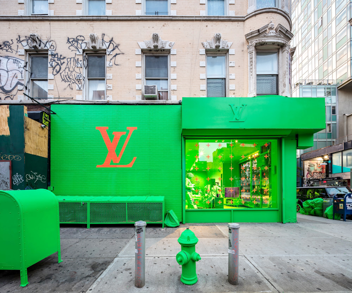 Louis Vuitton turned to a pop-up activation to launch the latest collection by its men's creative director, Virgil Abloh. Set on the same Ludlow & Rivington street corner in New York, which was re-imagined for his Paris Fashion Week Fall 2019 show, the entire temporary store was painted in an eye-catching neon green—complete with a matching bicycle, garbage bags, and a mailbox for extra city grit. Abloh even took to his Instagram encouraging fans to meme the side of the store as a green screen. See more: See How Gucci, Chanel, and Louis Vuitton Do Pop-Ups