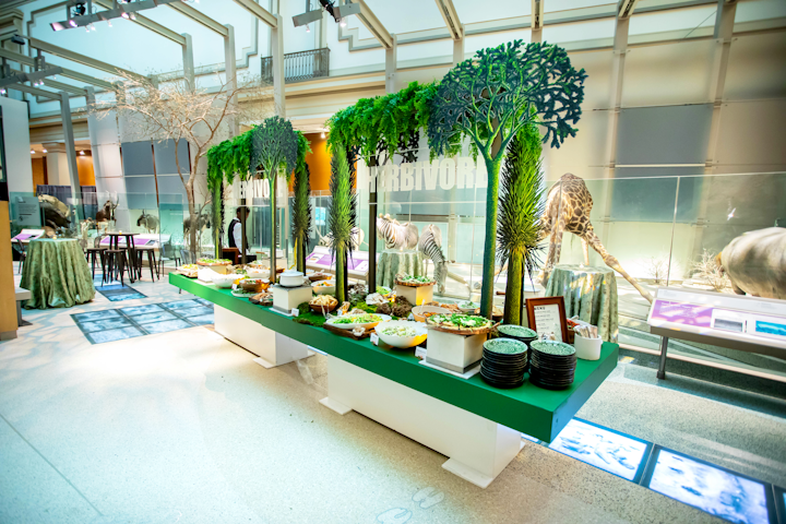 Salads of all sorts (including pickled vegetable salad and watermelon radish salad) topped the green-accented table at a 'Herbivore Station' in the Kenneth E. Behring Family Hall of Mammals. The buffet also included warm mushroom fondue and a green pea yogurt dip with tomato Parmesan crisps. See more: Prehistoric Party: How the Smithsonian Celebrated Its Renovated Fossil Hall