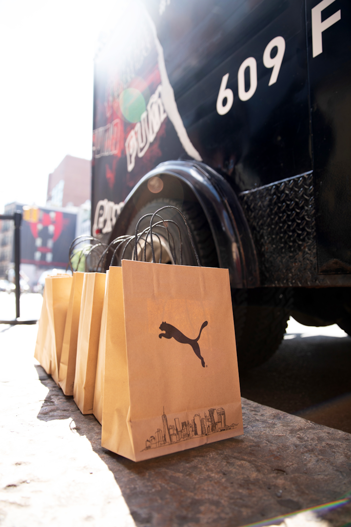 Working with The Projects, Puma promoted its New York flagship store opening, which took place August 29 to September 1. The launch included a product drop at locations in all five of the city's boroughs. A branded truck distributed limited-run products in custom, New York-inspired Puma bags.