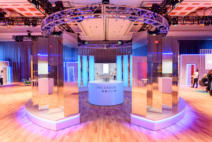 In addition to speaking engagements and partner events, Facebook hosted demos of the latest Oculus and Portal devices inside a sleek, mirrored space at the Wynn Hotel.