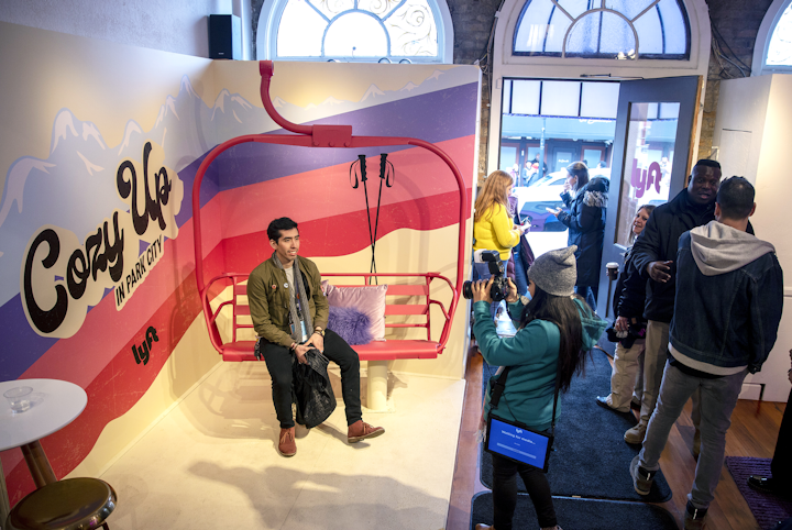Produced and designed by NVE Experience Agency, along with Lyft, the space served as a spot for guests to warm up and pose on a ski lift-inspired photo op. Culinary Crafts provided the catering and Special Electronics Group and Taylor Audio Visual handled the audiovisual and fabrication.