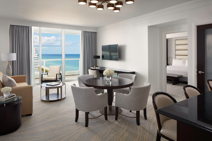 In January, Fontainebleau Miami Beach finished a redesign of its oceanfront Sorrento Tower. The 18-story tower, named after the coastal Italian town, features a new look from Marzipan Interior Design that combines Art Deco style and influences from 1950s Italy. The tower's lobby also was refreshed, with design by Marcy Garcia of MG Design Lab that features white wood paneling, a grand chandelier, and aqua and cerulean blue tones that evoke the Atlantic Ocean. The tower's 285 suites include junior, one- and two-bedroom suites. Overall, the iconic Miami Beach hotel offers 107,000 square feet of indoor meeting and event space.