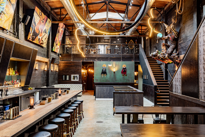 A comic book-theme bar called First Edition opened in November from the team behind San Francisco bars Jackalope and Soda Popinski’s. The 4,000-square-foot space has an industrial look, with skylights, soaring ceilings, and steel beams. Naturally, Comic book-inspired art is a focus, while First Edition's lengthy drinks list includes cocktails with names like N.E.W. Gotham. First Edition spans a main bar and lounge, two mezzanine bars, and a rooftop deck.
