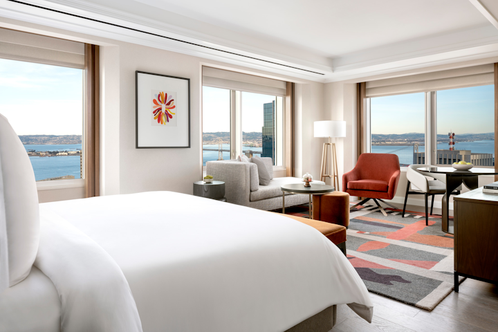The Four Seasons Hotel San Francisco at Embarcadero opens on May 1 in the Financial District, offering panoramic views of the San Francisco Bay. The hotel replaces the Loews Regency Hotel and will offer 155 rooms and suites situated on the top 11 floors of a 48-story tower. Interior design firm Marzipan's revamp is inspired by the city's history, with natural wood floors and bright contrasting colors. There are 28 suites in the hotel, and select suites are ideal for entertaining, with 800-square-foot large terraces and living rooms with dining tables for six.