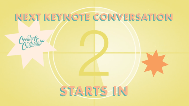 The Create & Cultivate team got creative with transitions between virtual conversations held via Zoom with vibrant graphics—like this modern take on an old-time movie countdown clock—made up of the summit's bright color palette.