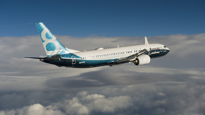 The 737 MAX powered by a pair of LEAP engines during its maiden flight on Friday. Image credit: Boeing