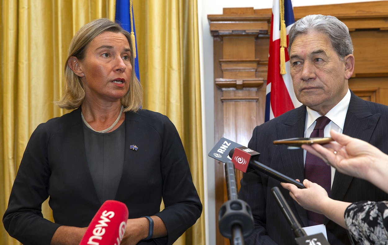 European Union foreign policy chief Federica Mogherini, left, and New Zealand Foreign Minister Winston Peters address a press conference after their meeting at Parliament in Wellington, New Zealand, Tuesday, Aug. 7, 2018. Image credit: Mark Mitchell/New Zealand Herald via AP