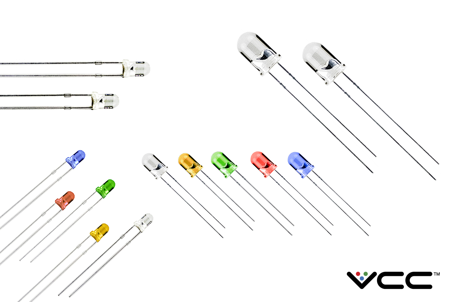 A through-hole LED indicator with a built-in resistor for 12 VDC applications from VCC.