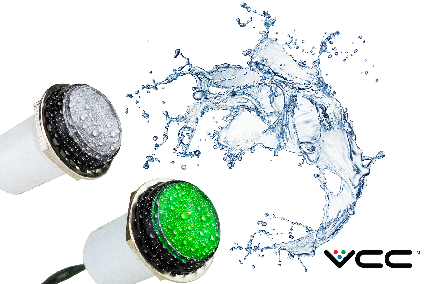 VCC's IP67-rated LED panel mount indicator with a unique optical low-profile lens.