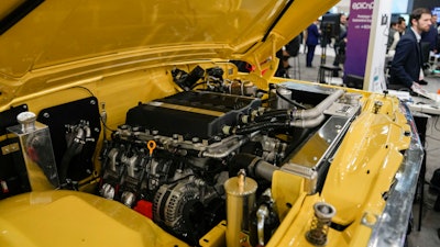 A hydrogen combustion engine designed by Motul in conjunction with GCK Battery is seen on display during the CES tech show Tuesday, Jan. 9, 2024, in Las Vegas.