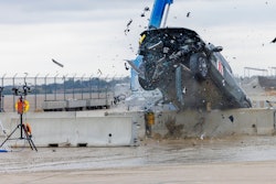 A 2022 Rivian R1T is used for a crash test research by the U.S. Army Corps of Engineers and Development Center and the University of Nebraska-Lincoln's Midwest Roadside Safety Facility on Oct. 12, 2023 in Lincoln, Neb.