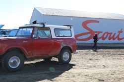 Scout Motors shows off one of its older gasoline powered models at a ceremony to celebrate the start of construction of its new electric SUV, Thursday, Feb. 15, 2024, in Blythewood, S.C.