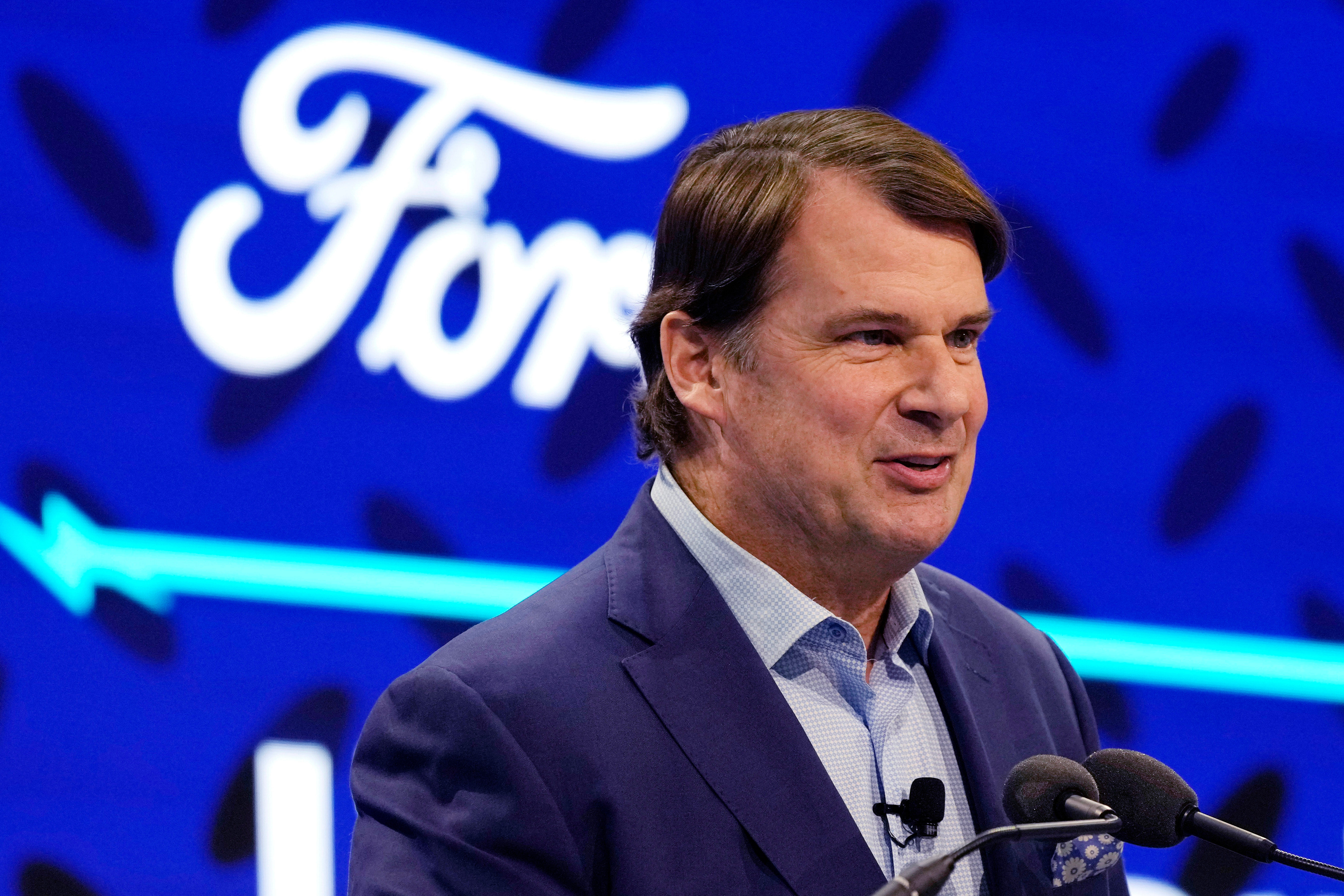 Ford Motor Co., President and CEO Jim Farley announces the automaker's new BlueOval Battery Park, Monday, Feb. 13, 2023, in Romulus, Mich.