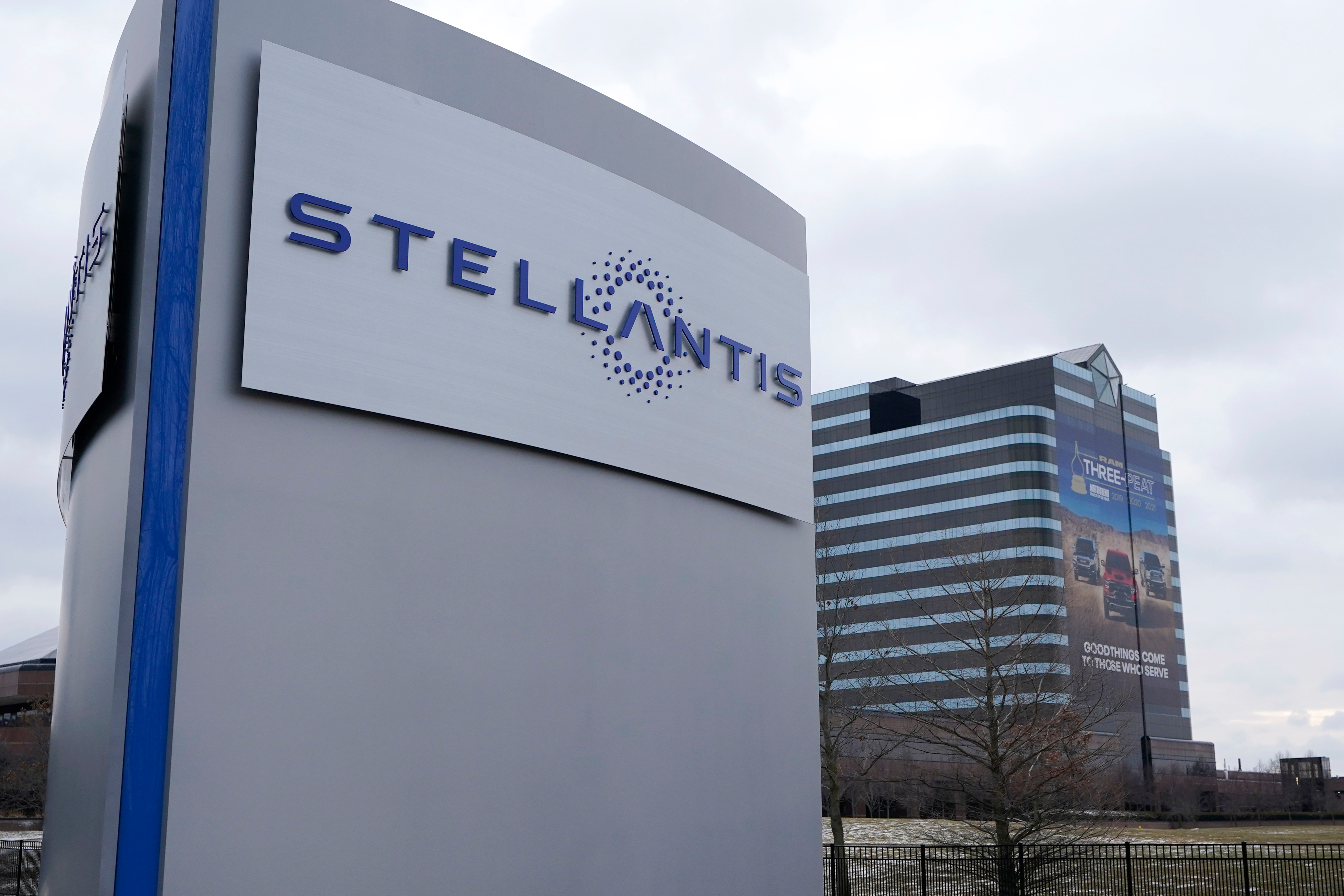 The Stellantis sign appears outside the Chrysler Technology Center in Auburn Hills, Mich, on Jan. 19, 2021.