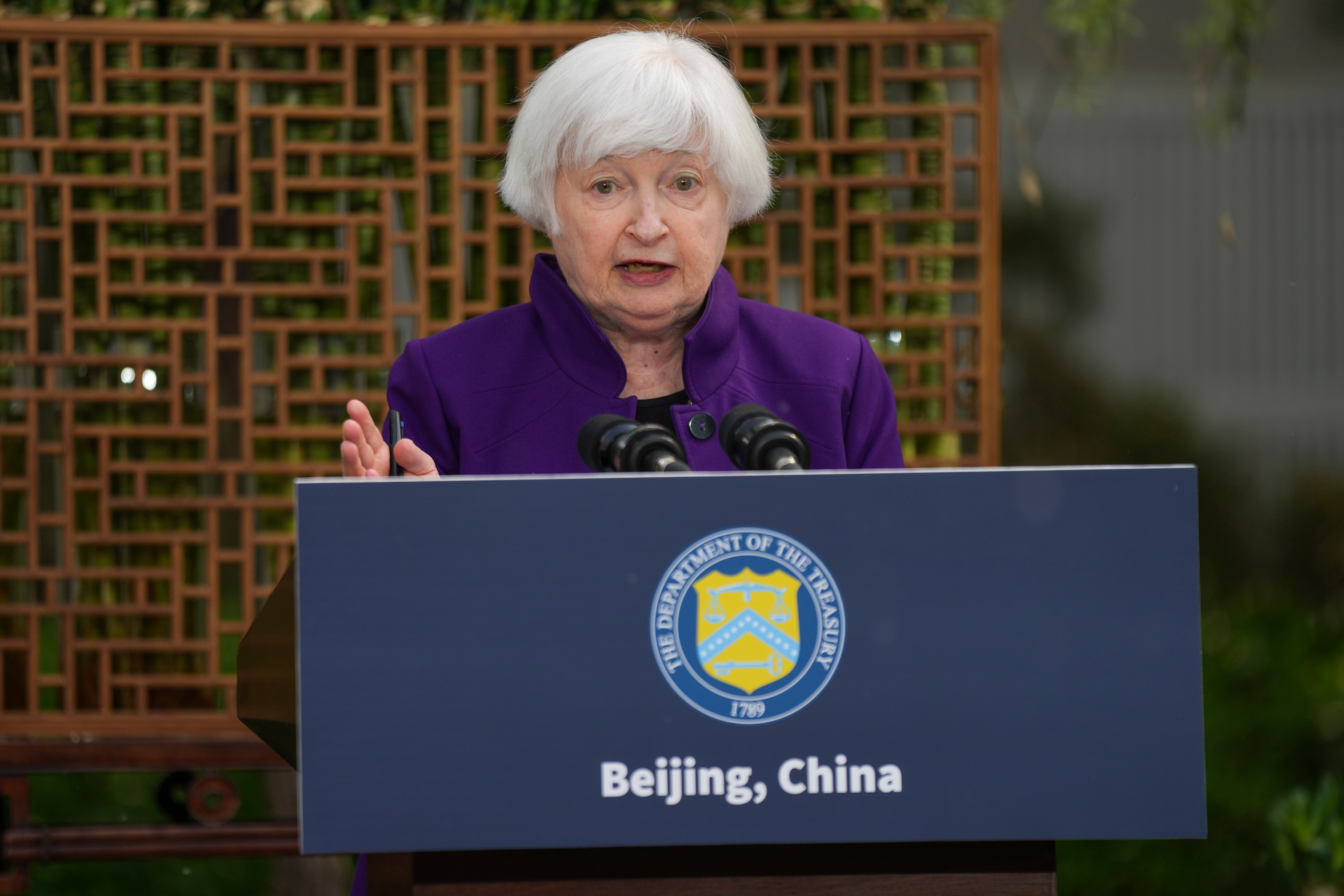 U.S. Treasury Secretary Janet Yellen speaks during a press conference in Beijing, China, Monday, April 8, 2024.