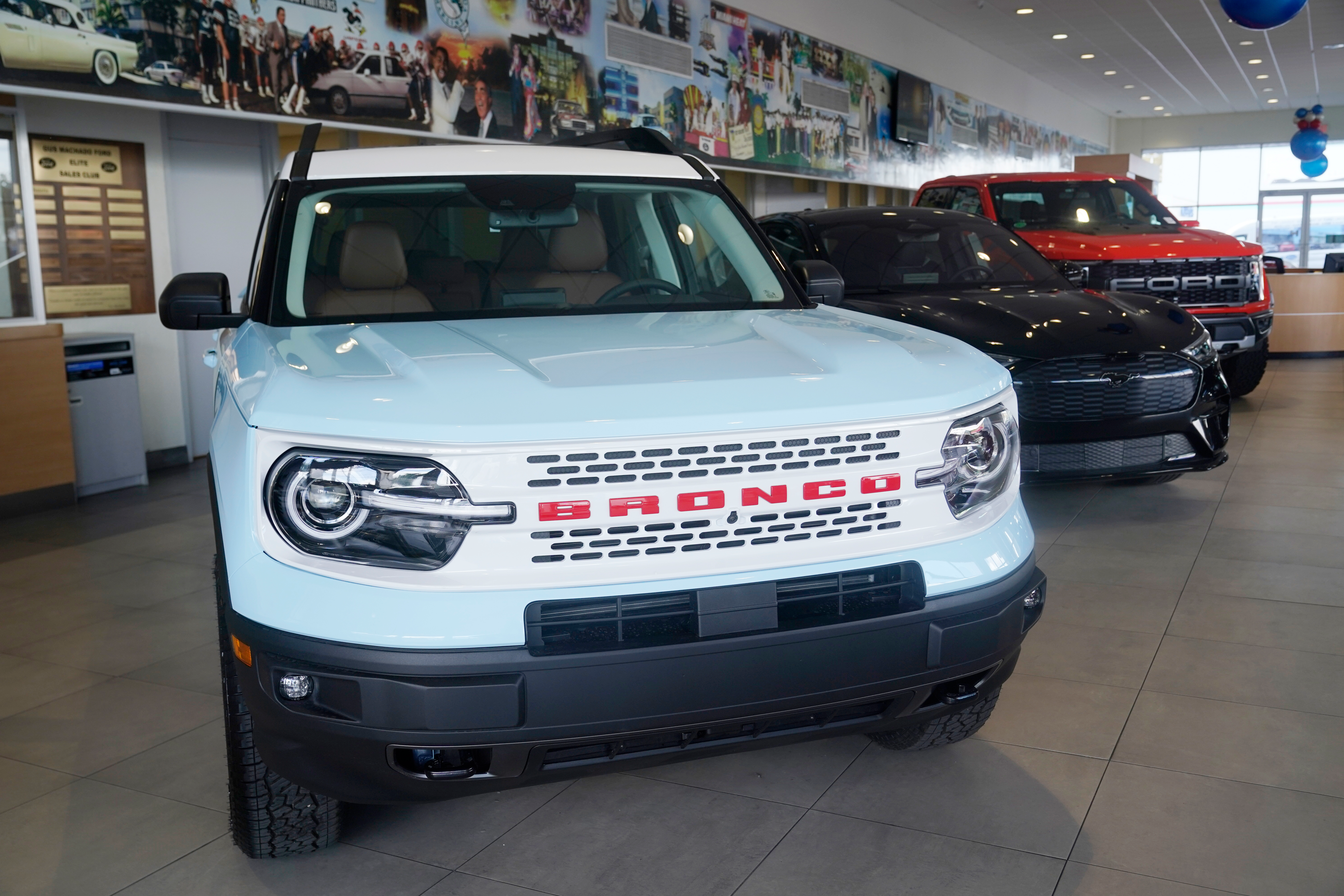 A Ford Bronco is displayed at a Gus Machado Ford dealership on Jan. 23, 2023, in Hialeah, Fla.