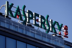 The sign is seen above the headquarters of Kaspersky Lab in Moscow.
