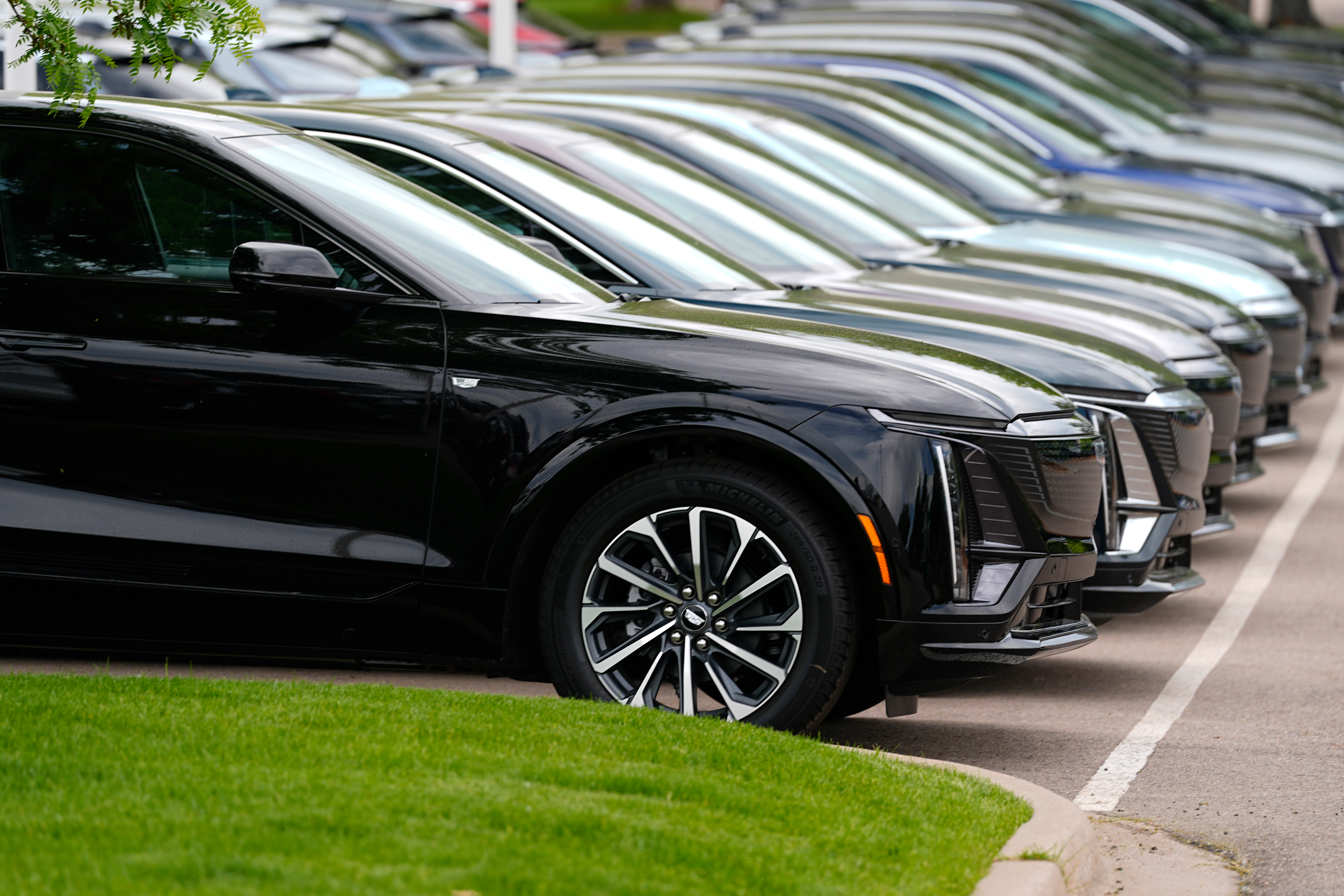 Vehicles sit in a row outside a dealership.