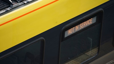 This shows a general view of a Great Northern railway train at Hunt's Cross station in Liverpool, England amid reports of widespread IT outages affecting airlines, broadcasters and ()