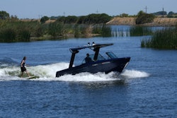 Grant Jeide wake surfs behind an electric sports boat made by California-based Arc Boats on the Sacramento-San Joaquin Delta near Bethel Island, Calif. on Wednesday, July 31, 2024.
