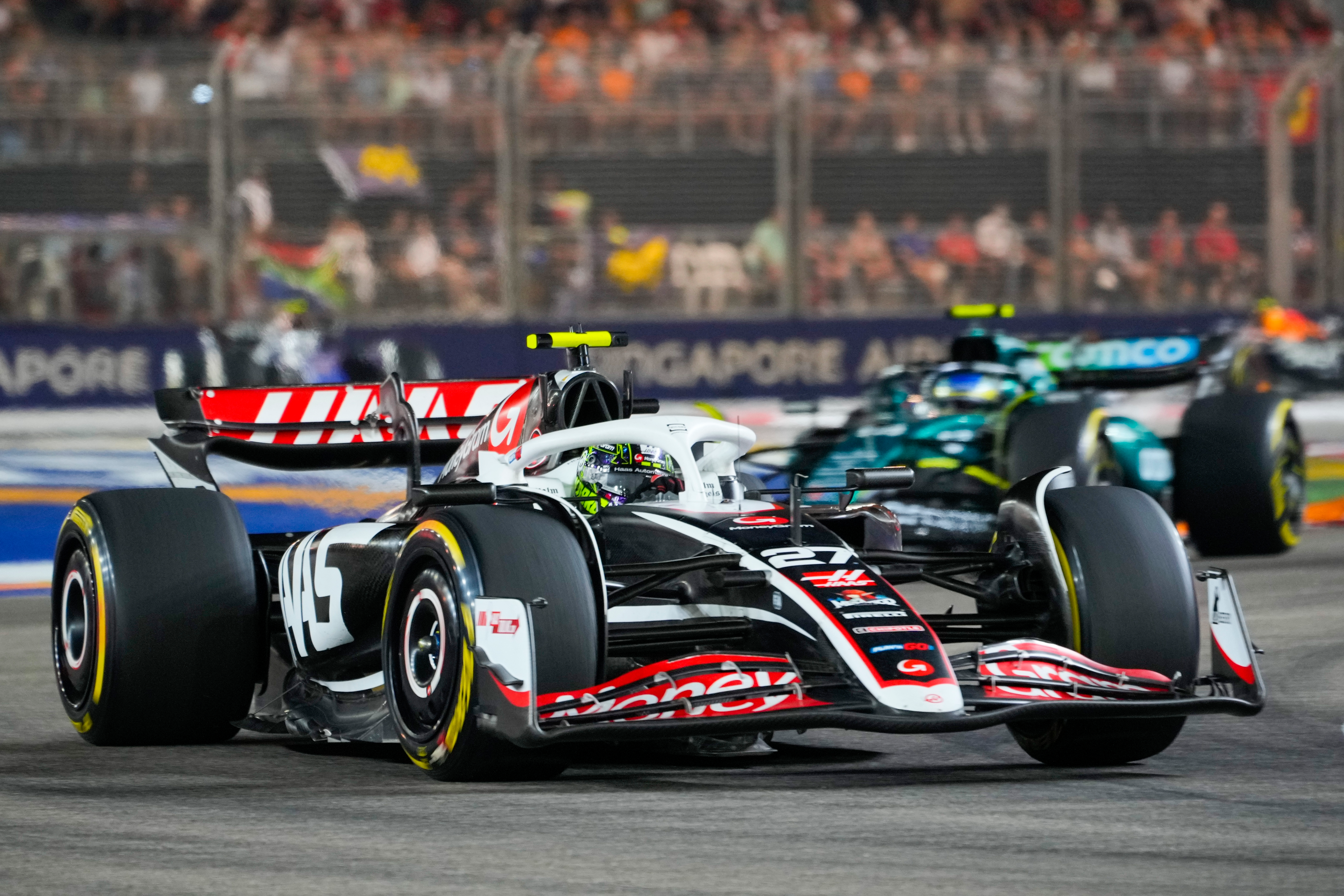 Haas driver Nico Hulkenberg of Germany steers his car during the Singapore Formula One Grand Prix at the Marina Bay Street Circuit, in Singapore, Sunday, Sept. 22, 2024.