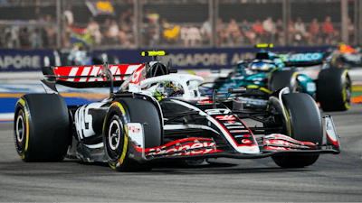 Haas driver Nico Hulkenberg of Germany steers his car during the Singapore Formula One Grand Prix at the Marina Bay Street Circuit, in Singapore, Sunday, Sept. 22, 2024.