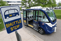 An Mcity driverless shuttle makes a stop on June 4, 2018 at the University of Michigan in Ann Arbor, Mich.