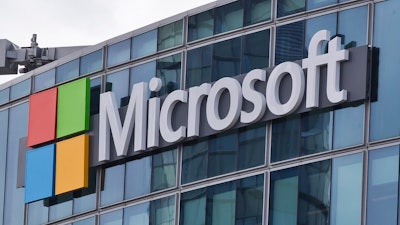 This April 12, 2016, file photo shows the Microsoft logo in Issy-les-Moulineaux, outside Paris, France.