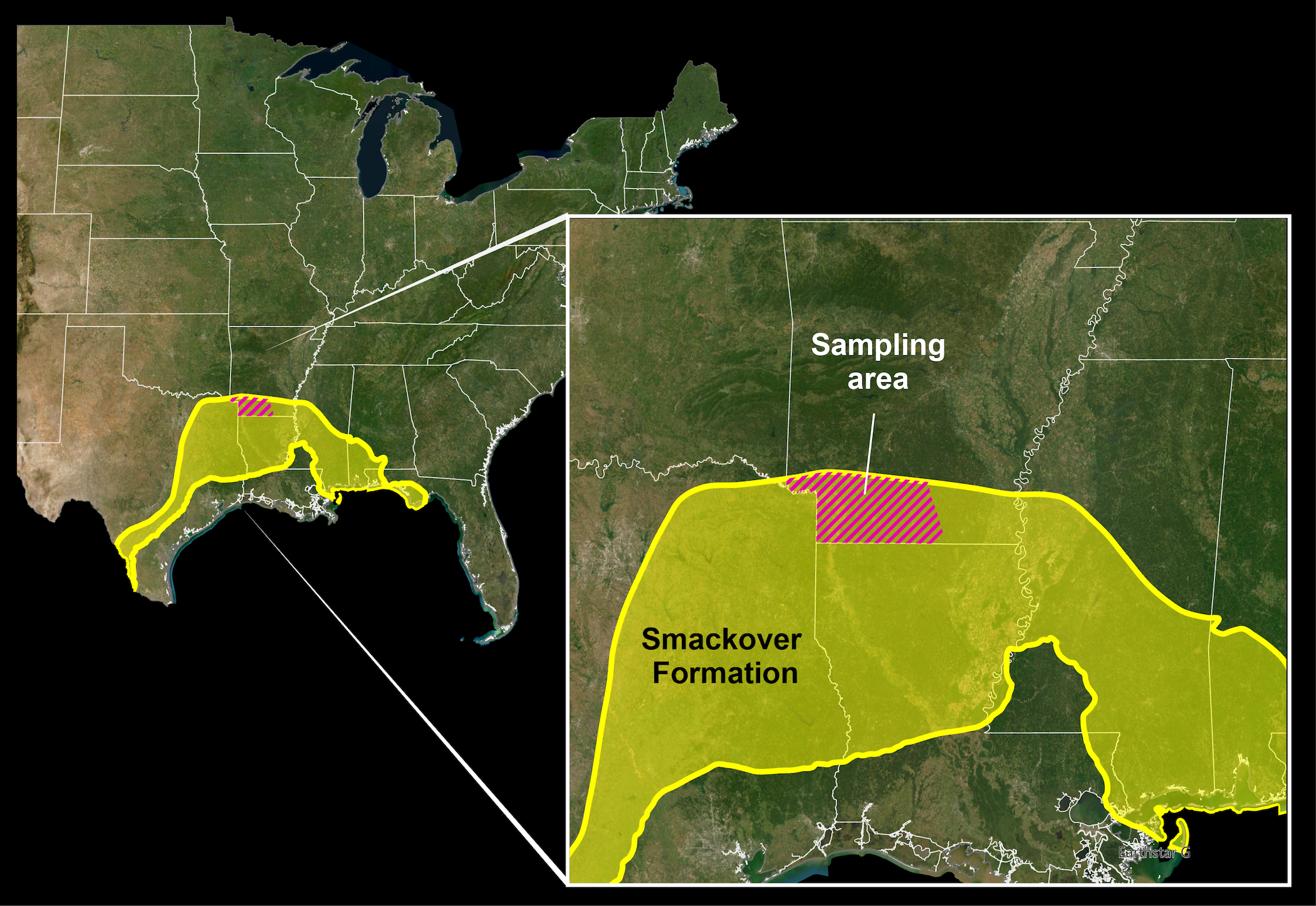 Map of the U.S. showing inset with a shaded area indicating Smackover Formation and Sampling area.
