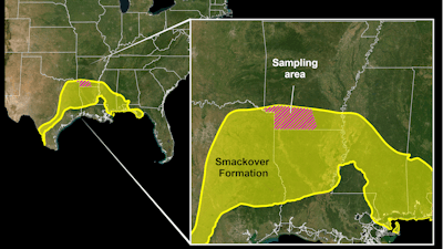 Map of the U.S. showing inset with a shaded area indicating Smackover Formation and Sampling area.