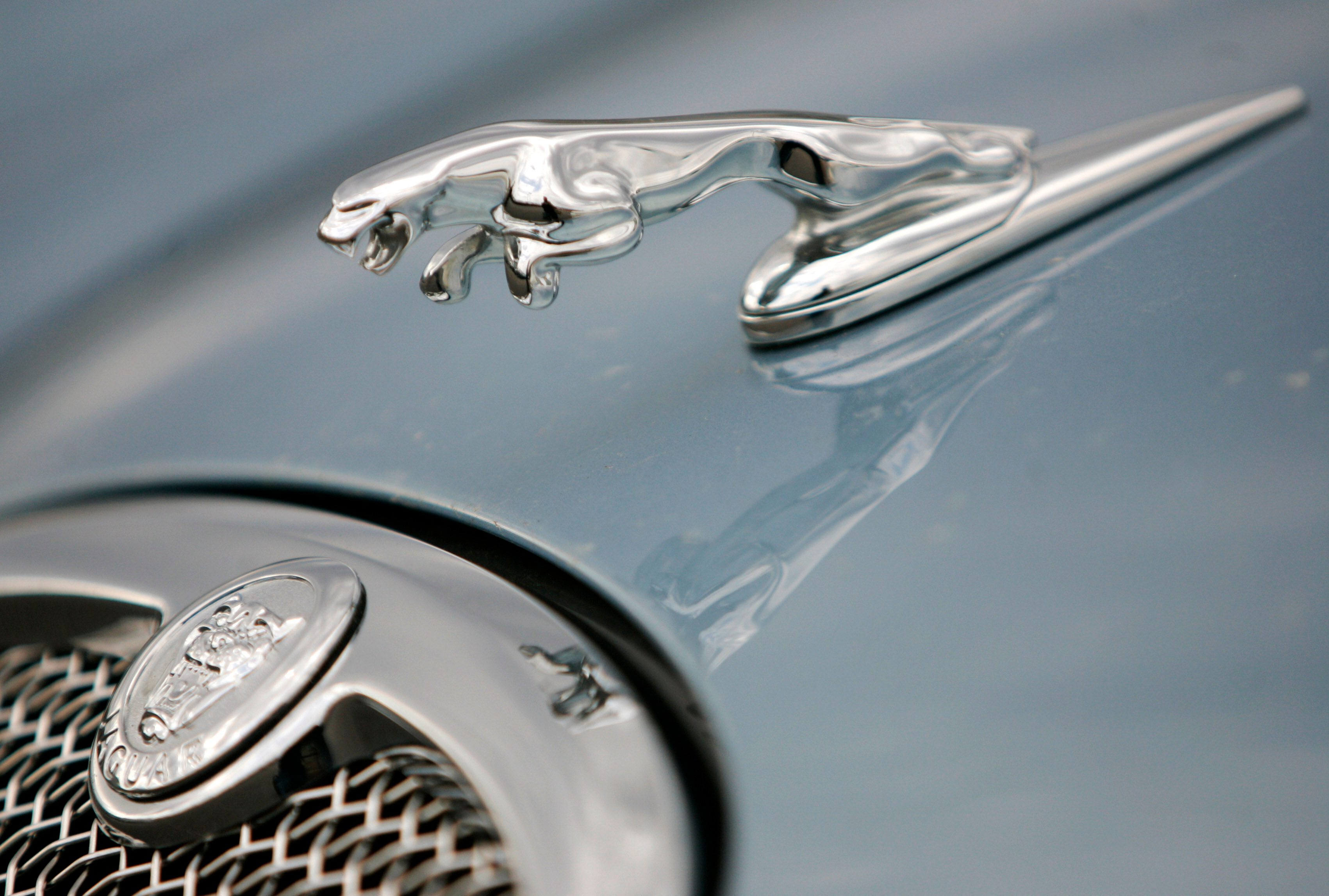 The hood ornament and a portion of the grill of a Jaguar automobile is shown at a dealership in Norwood, Mass. on March 26, 2008.