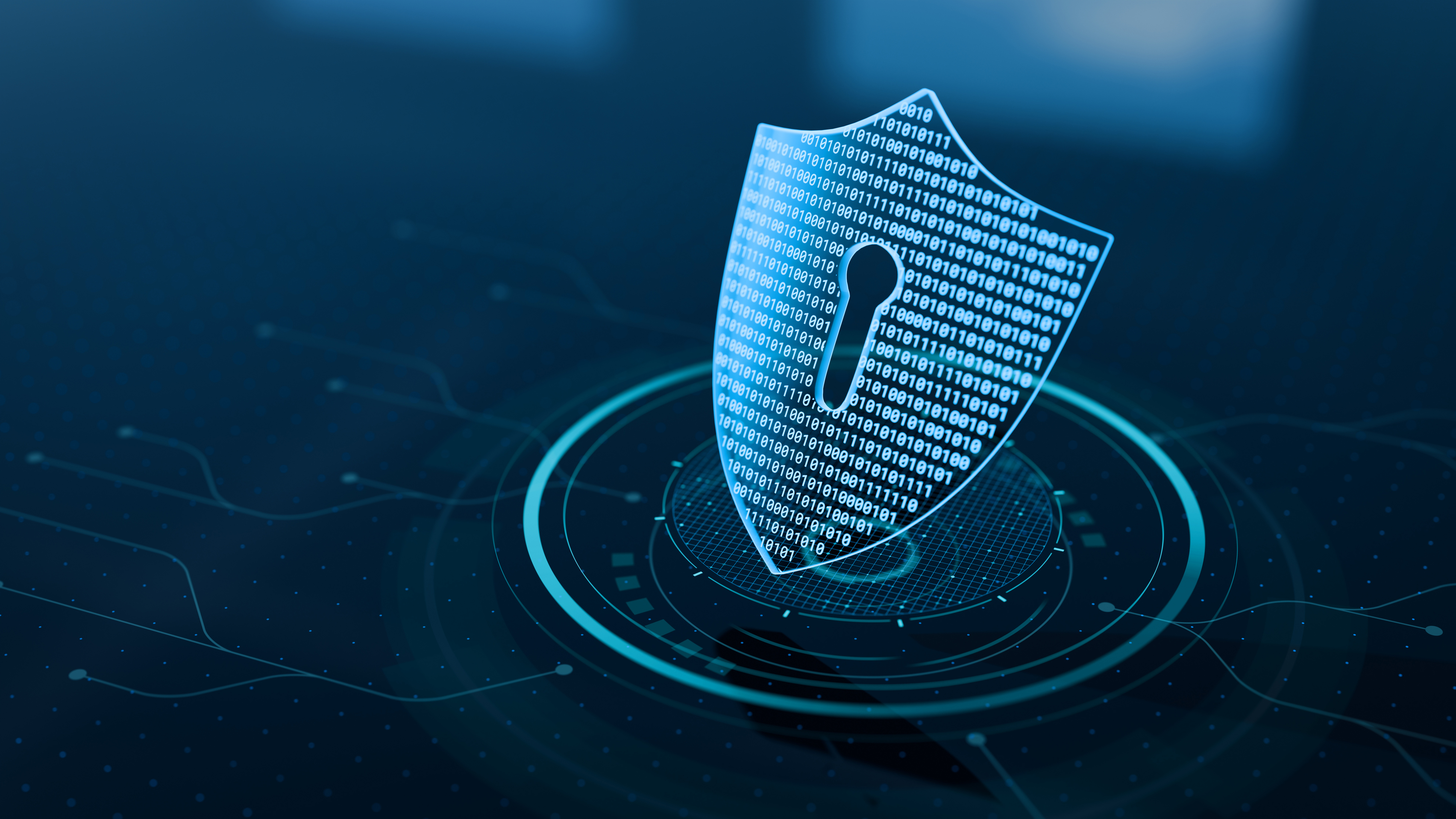 A cybersecurity shield logo.