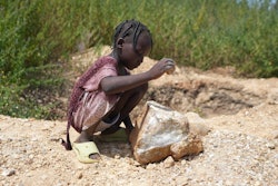 Juliet Samaniya, 6, chips at a rock with a stone tool at an illegal lithium mining site in Paseli, Nigeria, Tuesday, Nov 5, 2024.