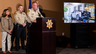 Clark County Sheriff Kevin McMahill briefs the media about the Tesla Cybertruck which exploded in front of the entrance to Trump International Hotel in Las Vegas Wednesday, Jan. 1, 2025, in Las Vegas.