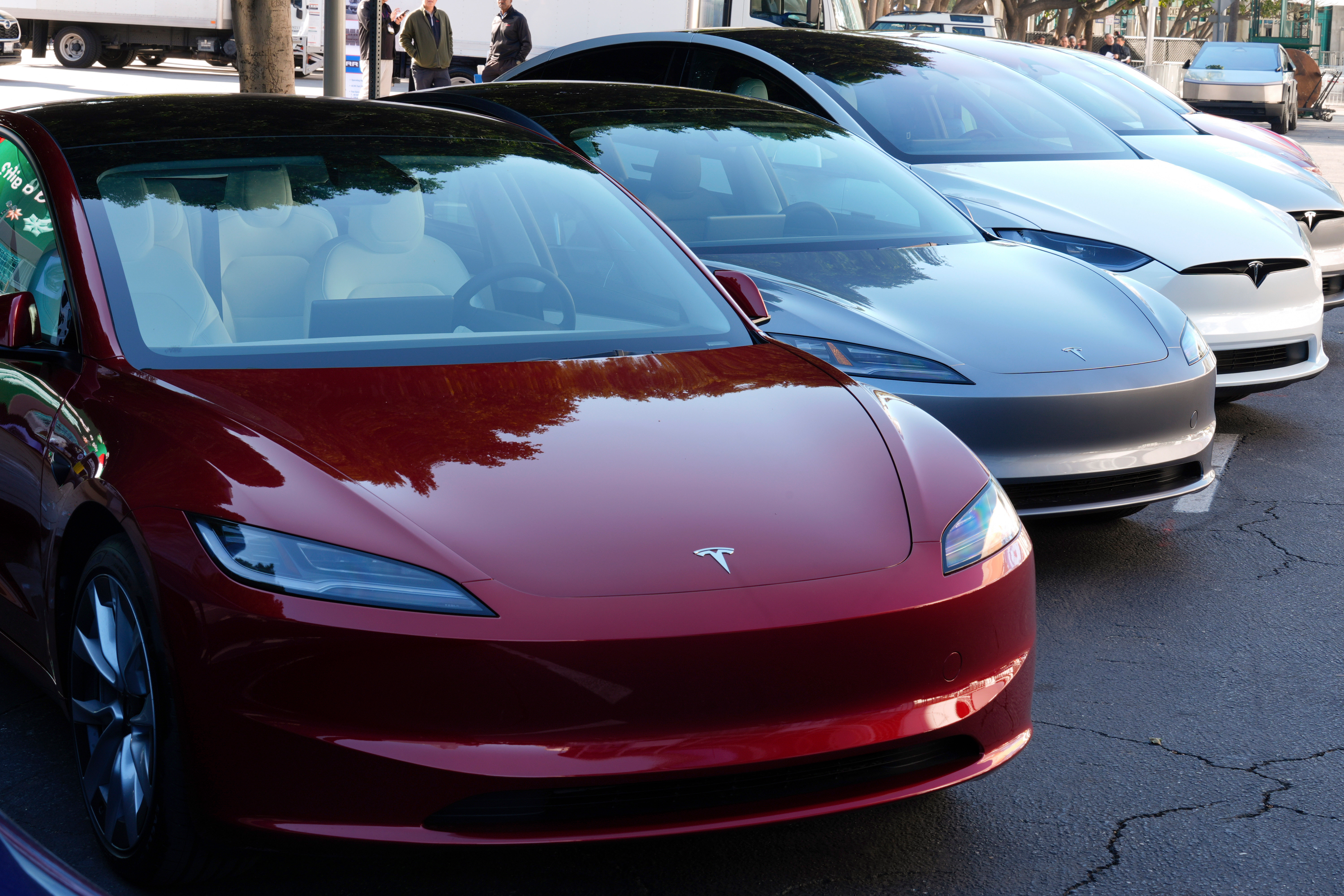Tesla vehicles are displayed at the AutoMobility LA Auto Show, in Los Angeles, Nov. 21, 2024.