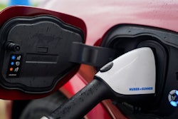 A 2023 Ford Mustang Mach-E charges, March 8, 2024, at an electric vehicle charging station in London, Ohio.