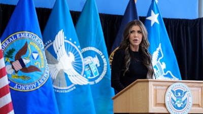 Homeland Security Secretary Kristi Noem speaks to employees at the Department of Homeland Security, Tuesday, Jan. 28, 2025, in Washington.