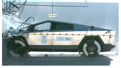 This image from a National Highway Traffic Safety Administration report released on Jan. 14, 2025 shows a crash test of a 2024 Tesla Cybertruck in Adelanto, Calif., on Dec. 18, 2024.