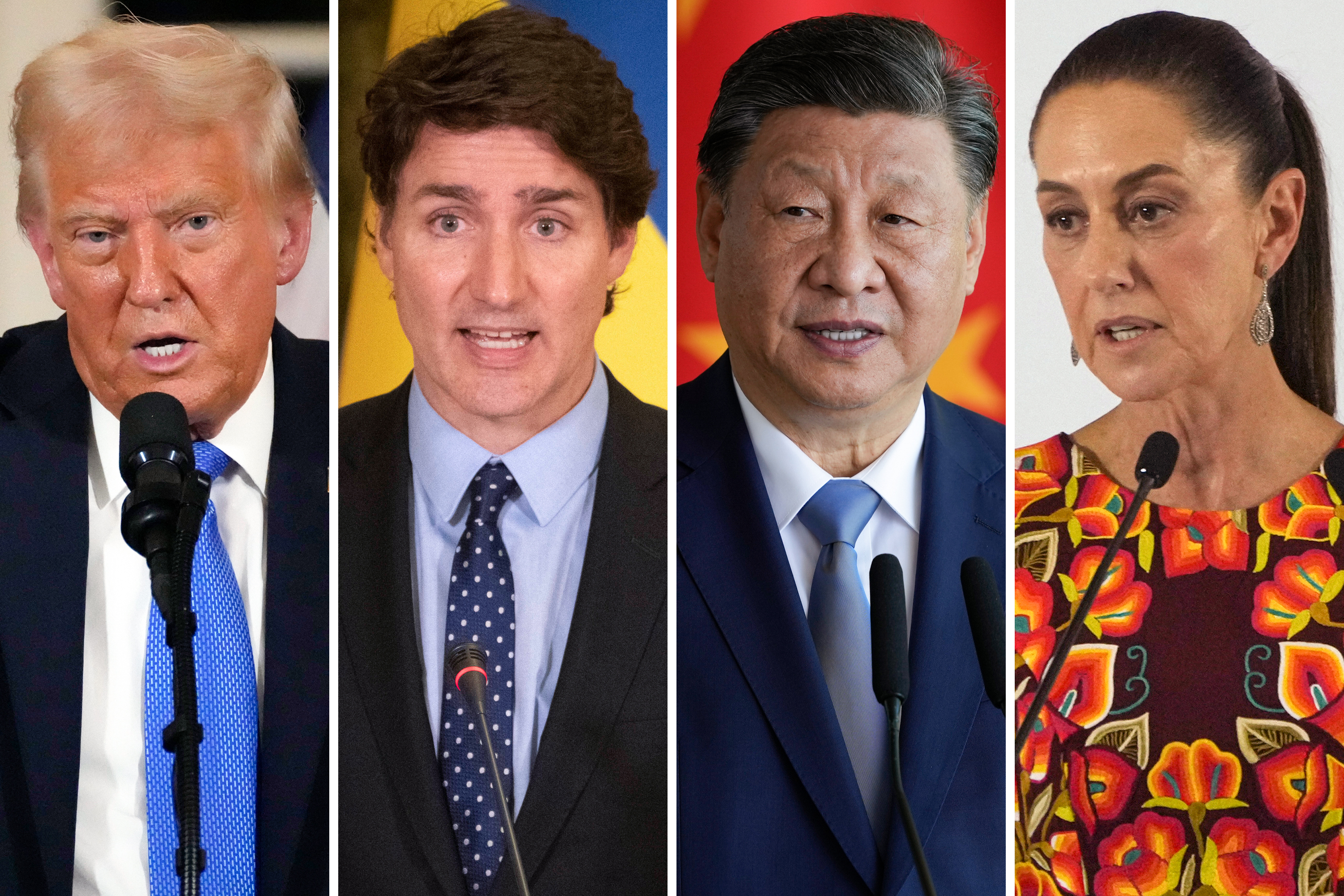 This combination of file photos shows, from left, U.S. President Donald Trump, Canadian Prime Minister Justin Trudeau, China's President Xi Jinping, and Mexico's President Claudia Sheinbaum.