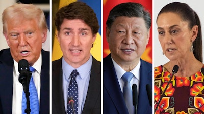 This combination of file photos shows, from left, U.S. President Donald Trump, Canadian Prime Minister Justin Trudeau, China's President Xi Jinping, and Mexico's President Claudia Sheinbaum.